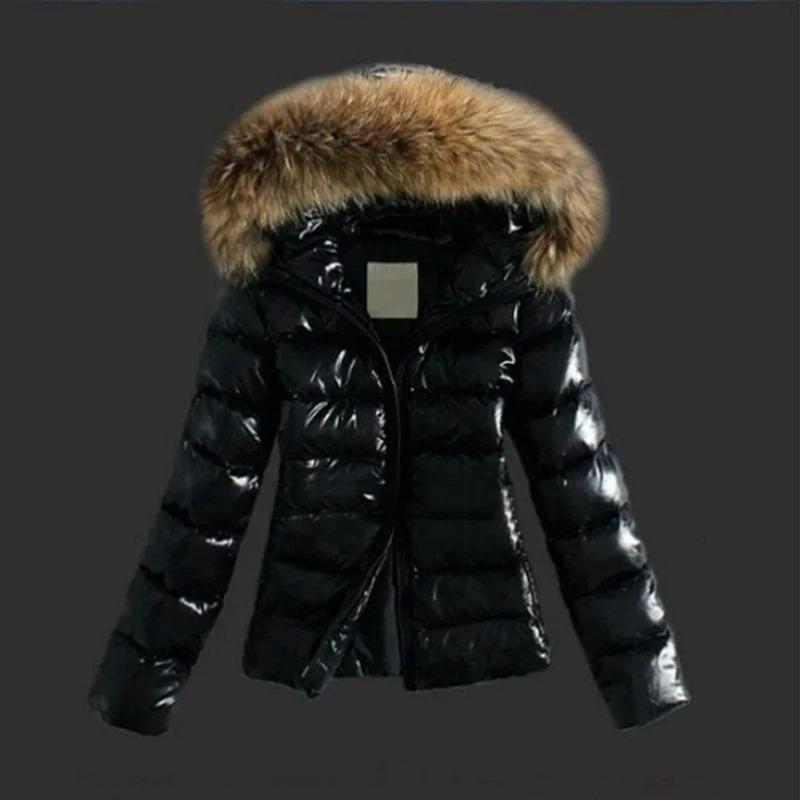Giacca invernale da donna, nuova moda casual slim in cotone con collo in pelliccia sintetica e cappuccio, calda giacca con cappuccio in pelle PU con cerniera
