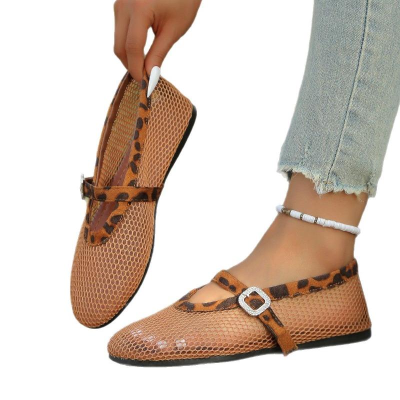 Women's Wide Width Rhinestone Flats, Fishnet Mary Janes Slip-Ons, Breathable Soft Sole Sandals for Women