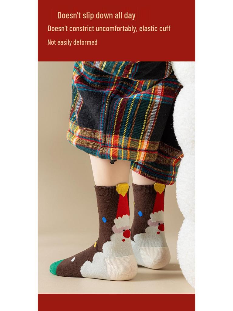 Festive Red Cartoon Mid-Calf Socks for Boys and Girls - Comfortable and Non-Constricting for Autumn and Winter