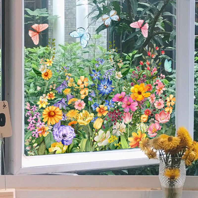 1PC PVC Removable Flower Window Stickers Daisy Tulip Butterfly Dragonfly Decorative Glass Stickers Static Stickers Home Decor