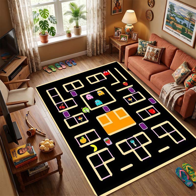 Pac-Man Retro Arcade Game Area Rug, Non-Slip Soft Floor Mat for Living Room Bedroom, Vintage 80s Game Carpet for Kids Room and Gamer Home Decor