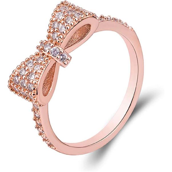 Lovely Bow Ring for Women Rose Gold with Clear Cubic Zirconia Pave Bridal Statement Anniversary Engagement Wedding Promise Romantic Band Ring