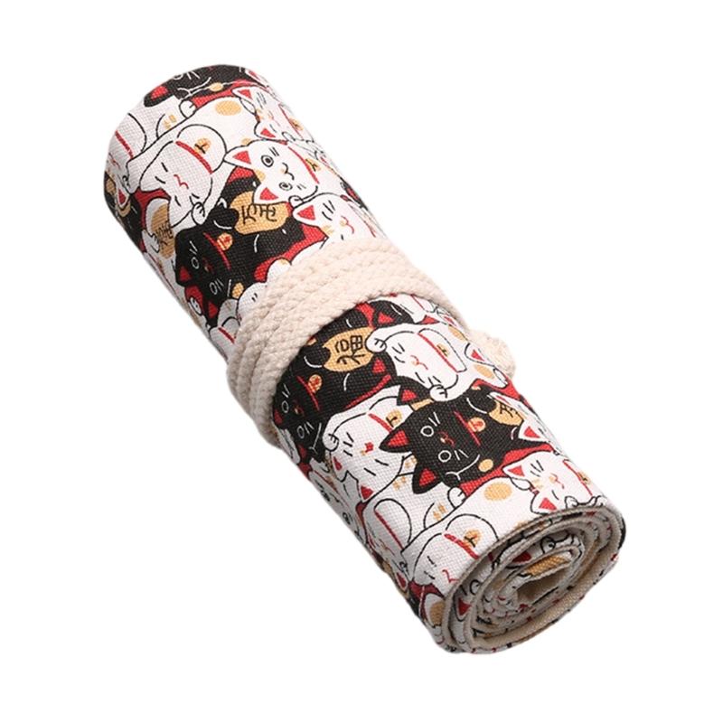 12/24/36/48 Holes Multifunctional Pencil Bag Canvas Pencil Case Lovely Animal Pencil Roll Canvas Pencil Wrap for Artists