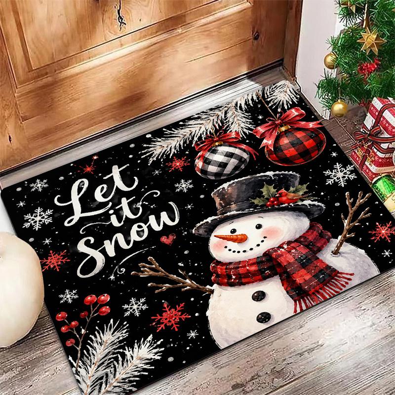 Snowman Plaid Christmas Door Mat Checkered Snowflake Print Non Slip Carpet For Holiday Season Home Entrance Decoration