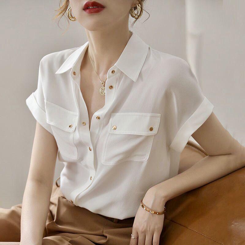 Women's Chiffon White Shirt Short Sleeve Summer Temperament Shirt Top