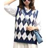 Women Streetwear Preppy Style Knitwear Tank V Neck Argyle Plaid Knitted Sweater