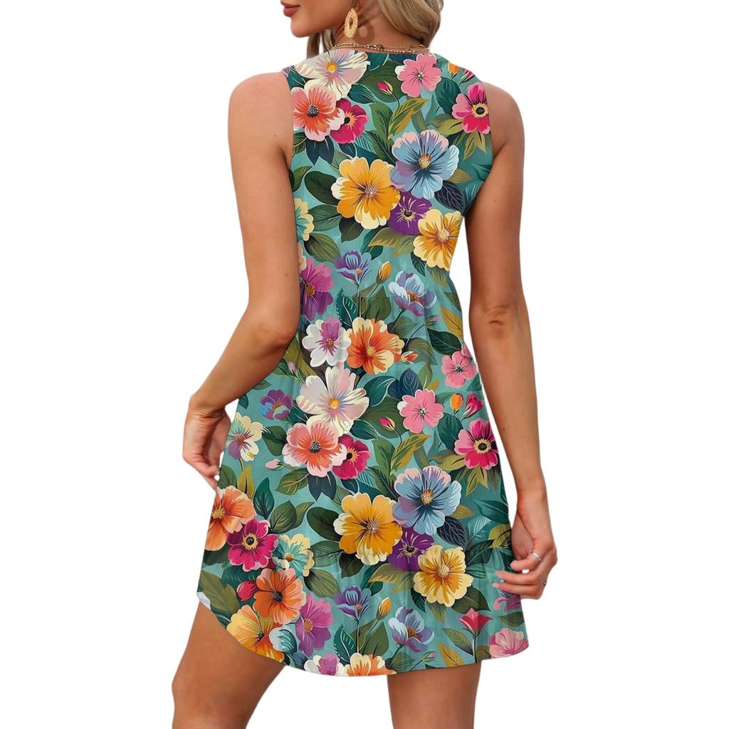 Women's Casual Fashion Breathable V-neck Vest With Pockets Floral Holiday Dress