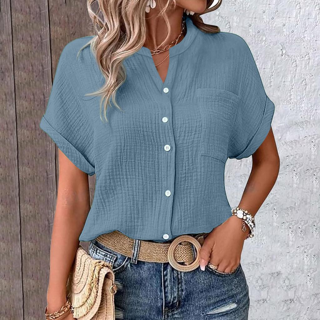 Women's Color Shirt Casual Short Sleeved Button Up Shirt For Women