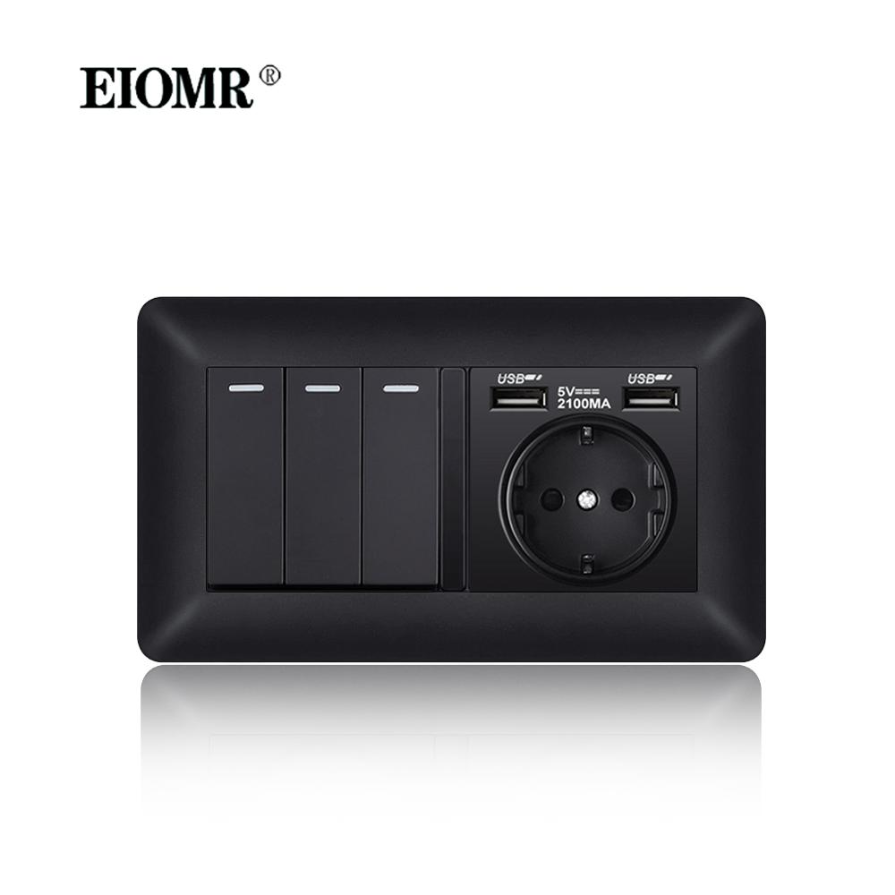 EIOMR EU Outlet with Usb Type-c Charging Port Black Curved Flame Retardant PC Panel 86mm Single Socket and 146mm Double Socket