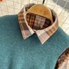 Autumn/winter Fashion Suit Western Style Plaid Shirt + Sweater Vest Knit Two-piece Set