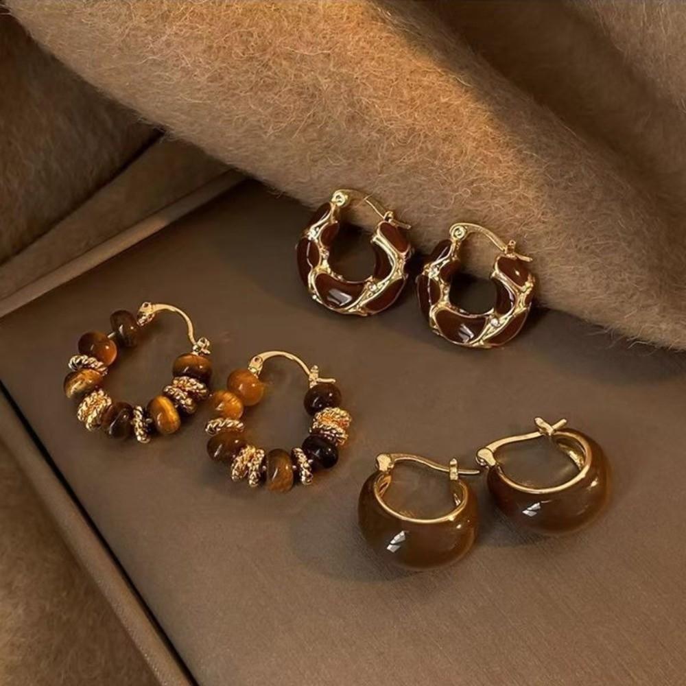 Metal Texture Hoop Earrings Vintage Dripping Oil Beaded Earrings U-shaped Earring Female Accessory