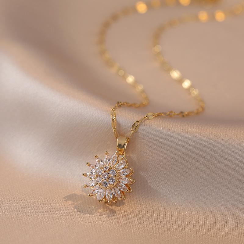 Mary Necklace female, Japanese and Korean style sunflower with diamonds, sunflower ring, rotatable collarbone chain, jewelry