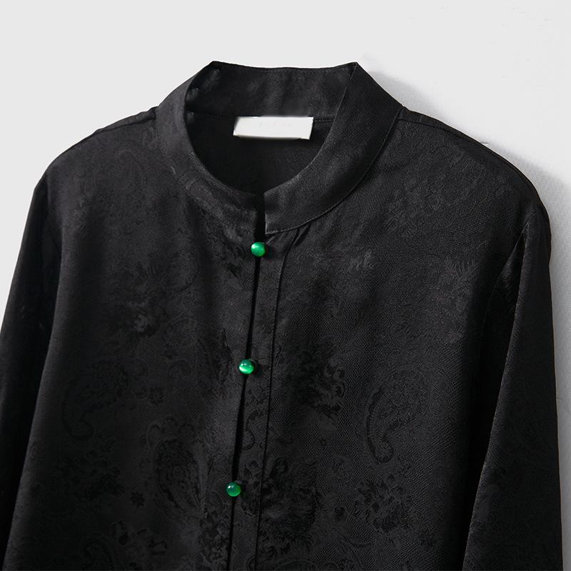 Elegant Silk Jacquard Floral Stand Collar Long-Sleeve Shirt for Women