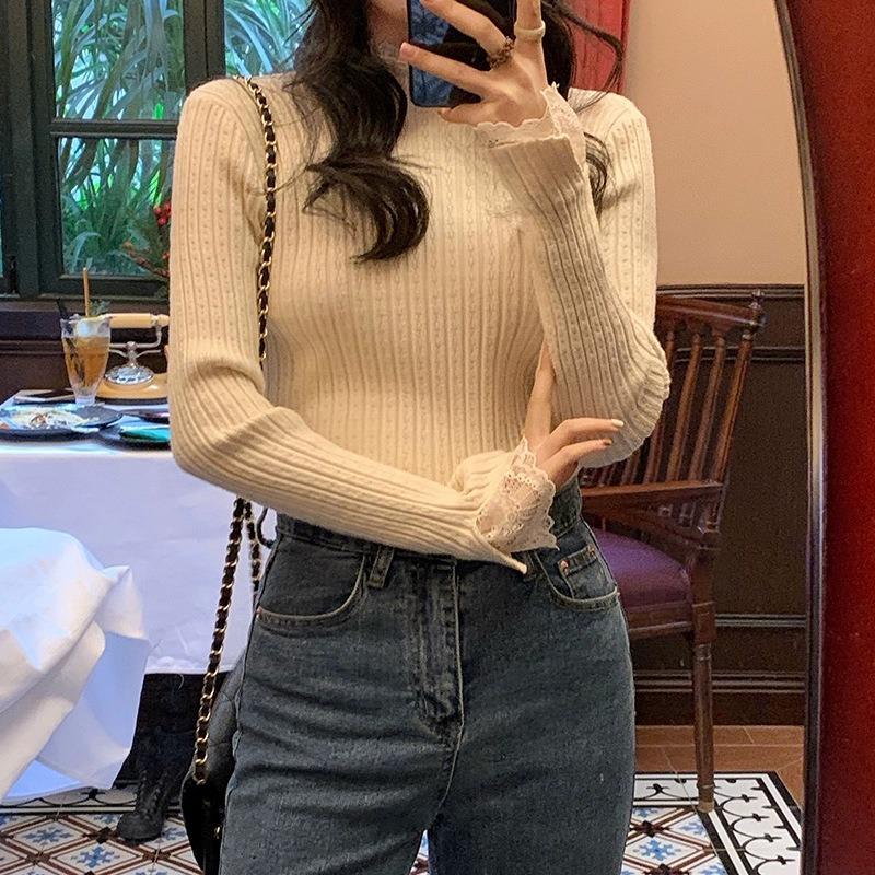Spring Autumn Semi-turtleneck New Lace Pullover Long Sleeved Sweater Fashion Long Sleeve Women Knitted Bottoming Shirt Elegant Simple Slim Fit Top