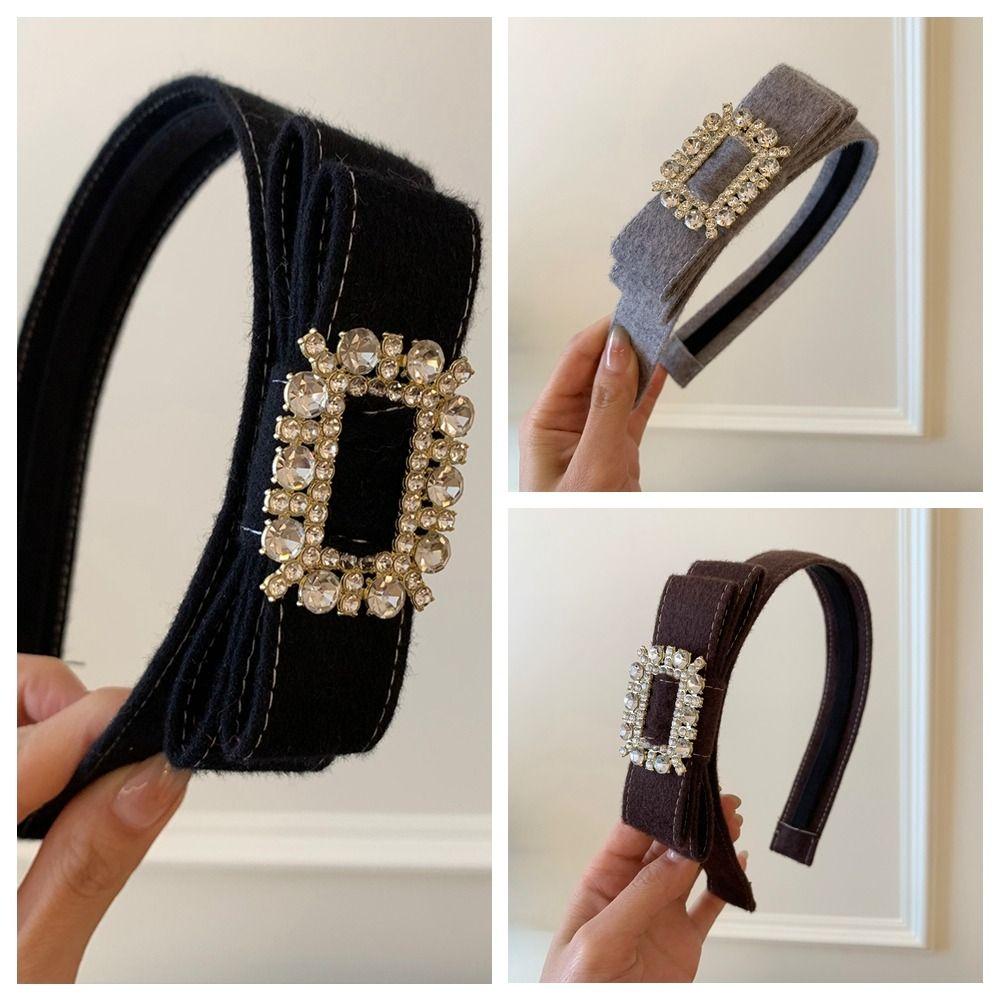 Korean Style Rhinestone Bow Headband Vintage Flocking Hair Hoop Wide Edge Hairband  Lady