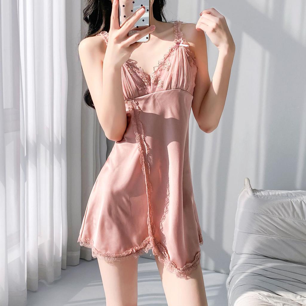 French sexy lace nightgown women, suspender nightgown nightgown two-piece set, breathable in summer and can be worn outside loungewear