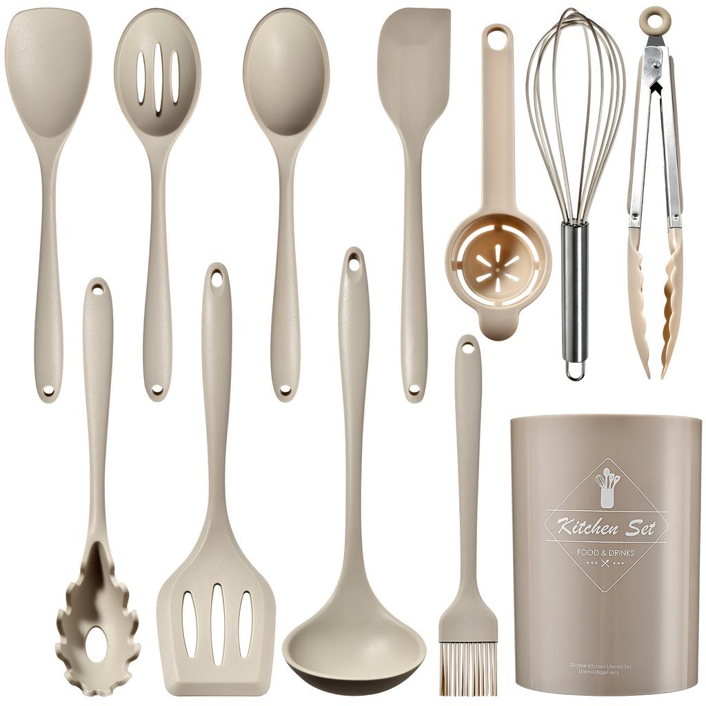 Silicone Kitchen Utensil Set - Non-stick Cooking Tools with Storage Bucket - Including Spatula, Stirrer, Food Picker, Baking Accessories