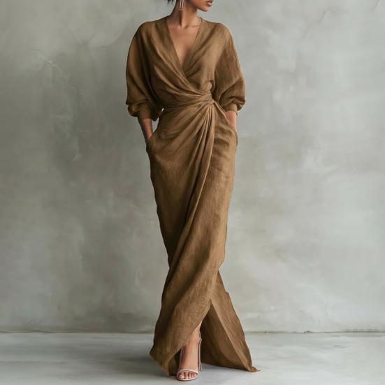 Women's Split Wrap Maxi Dress 3/4 Sleeve V Neck Ruched Bodycon Long Dress Cocktail Party Wedding Guest Dress with Pockets