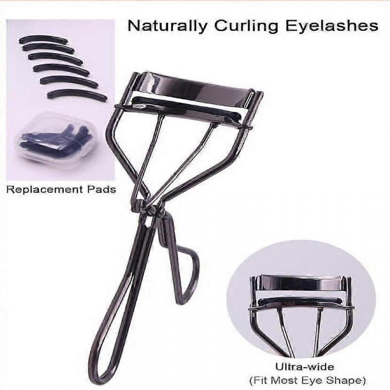 Metal Eyelash Curler With Eyelash Separating Comb Tool And 6 Replacement Refill Pads (Black)