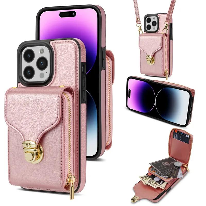 Crossbody Lanyard Leather Zipper Wallet Phone Case for iPhone 17 Air 16E 16 Pro Max 15 Plus 14 13 12 11 XS XR X Flip Stand Cover