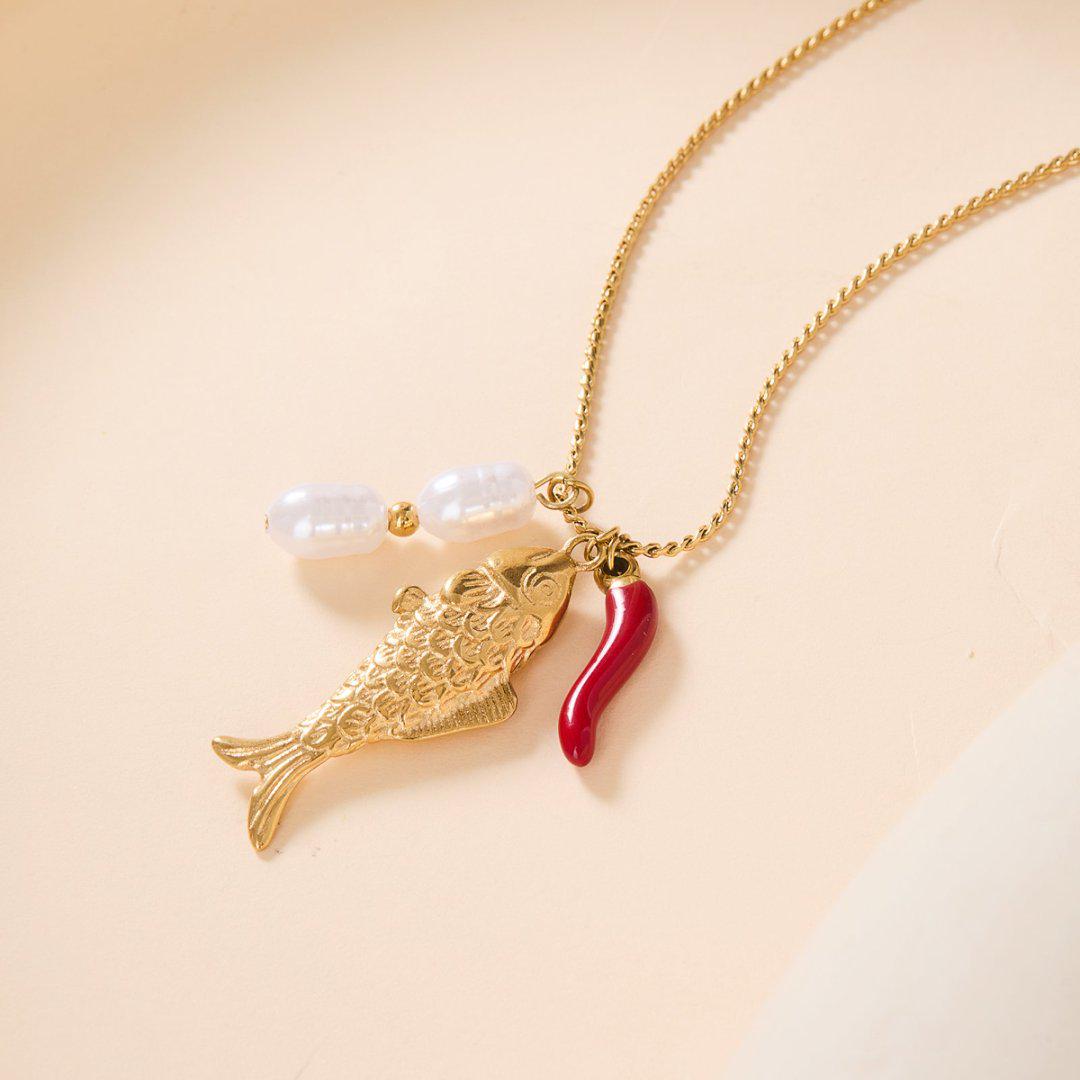 

Европейско-американское модное ожерелье: Подвеска из нержавеющей стали «Океанская рыба с жемчужиной» - Простое, стильное и элегантное женское ожерелье.