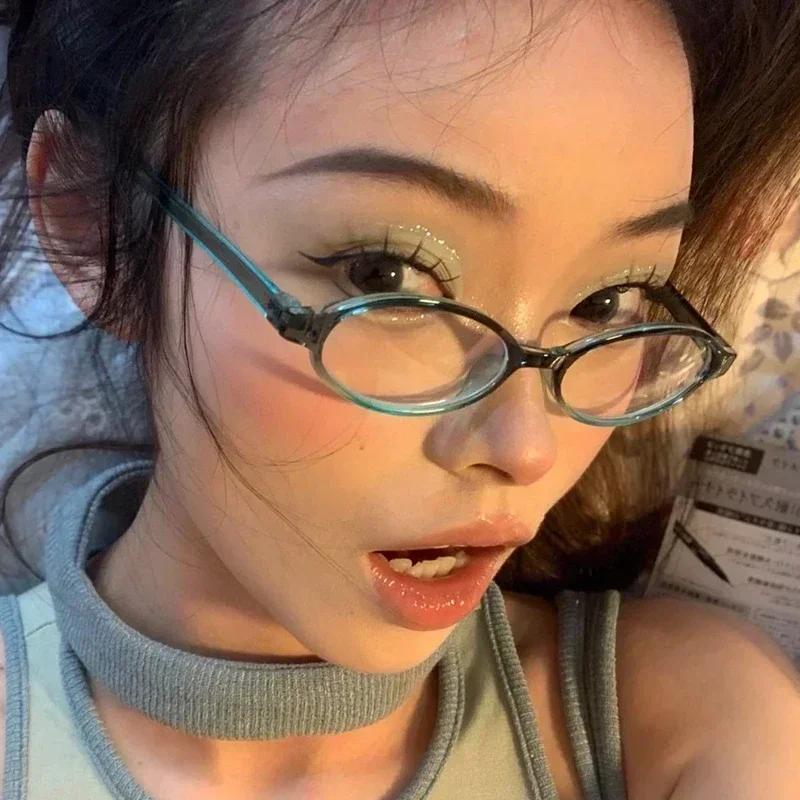 New Retro Blue Green Oval Small Frame Myopia Glasses Frame Women's Anti Blue Light Glasses Fashion Y2K Style  Oculos
