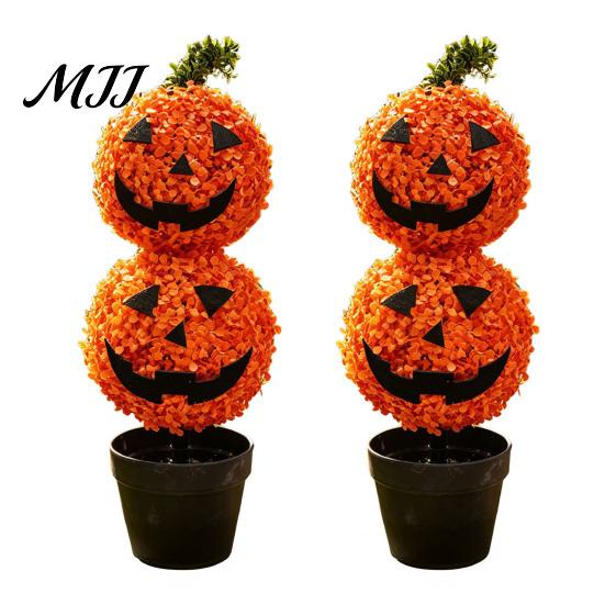 Outdoor Fall Yard Decorations Artificial Pumpkin Topiary Tree, Halloween Face Faux Boxwood Plants with Stake, Decorative Orange Autumn