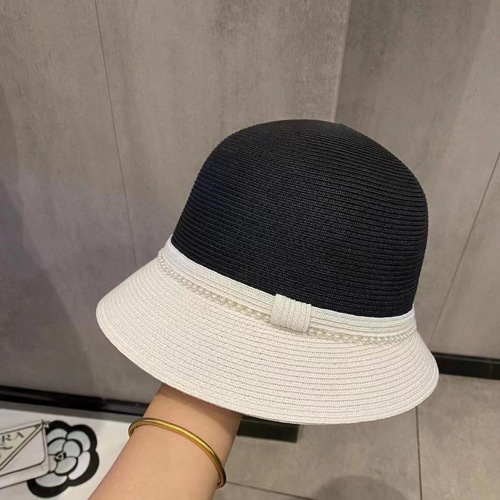 Dome Straw Color Matching Bucket Hat Pearl Straw Hat Women's Summer Sunshade Sunscreen Top Hat Foldable Sun Hat