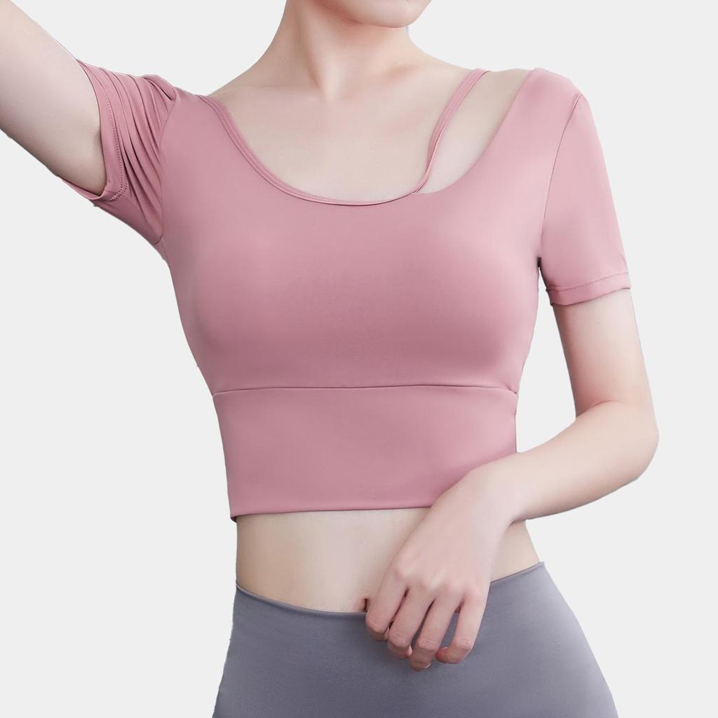 Summer Women's Quick-Dry Yoga Crop Top with Chest Pads - Short Sleeve Fitness Shirt