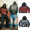 Unisex Rhinestone Zipper Hooded Cardigan & Sweatpants Set with Letter Print.