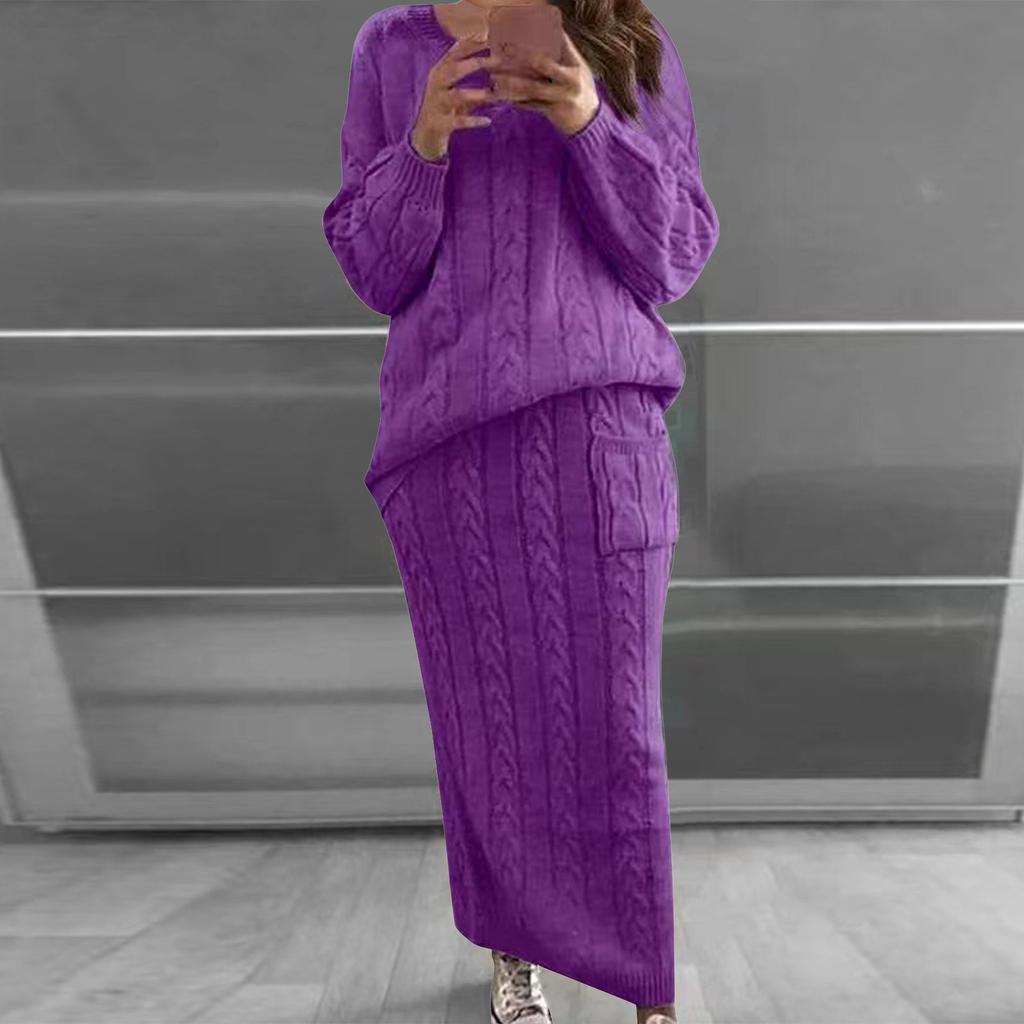 Women Autumn Winter Twist Crop Sweater Hip Skirt Knit Set for Laides Solid Color Slim All Match Two Piece Set