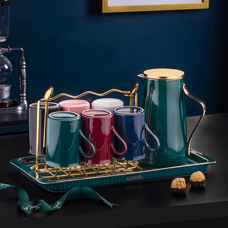 Nordic Light Luxury Ceramic Tea & Water Set 1 Pot, 6 Cups, 6 Spoons, Gold Rack & Tray