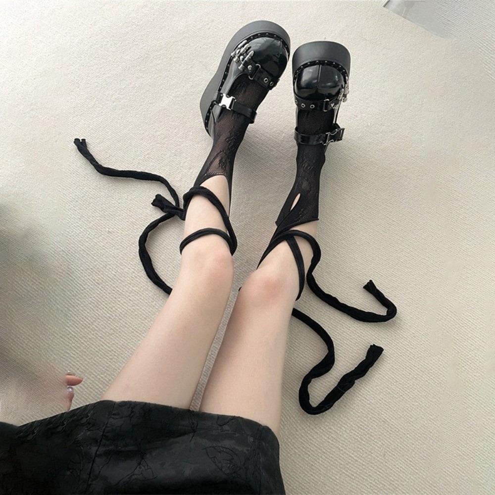 

1 pair Lace Pattern Fishnets Tabi Socks Cross Tied Fishnet Socks Bandage Style Split-toe Sock Women чёрный