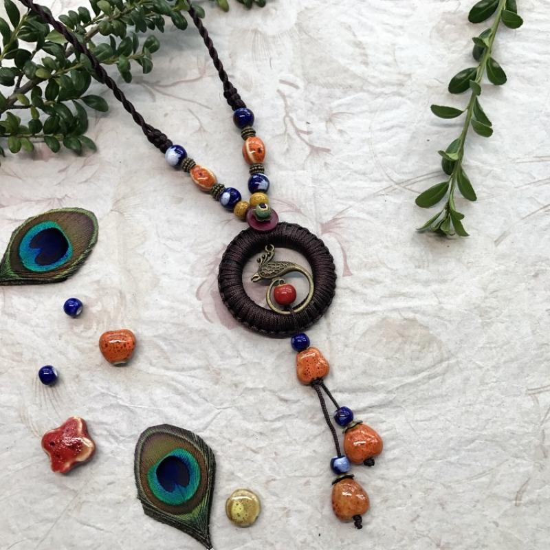 New Forest handmade ceramic necklace, women's retro versatile sweater chain simple long accessories pendant