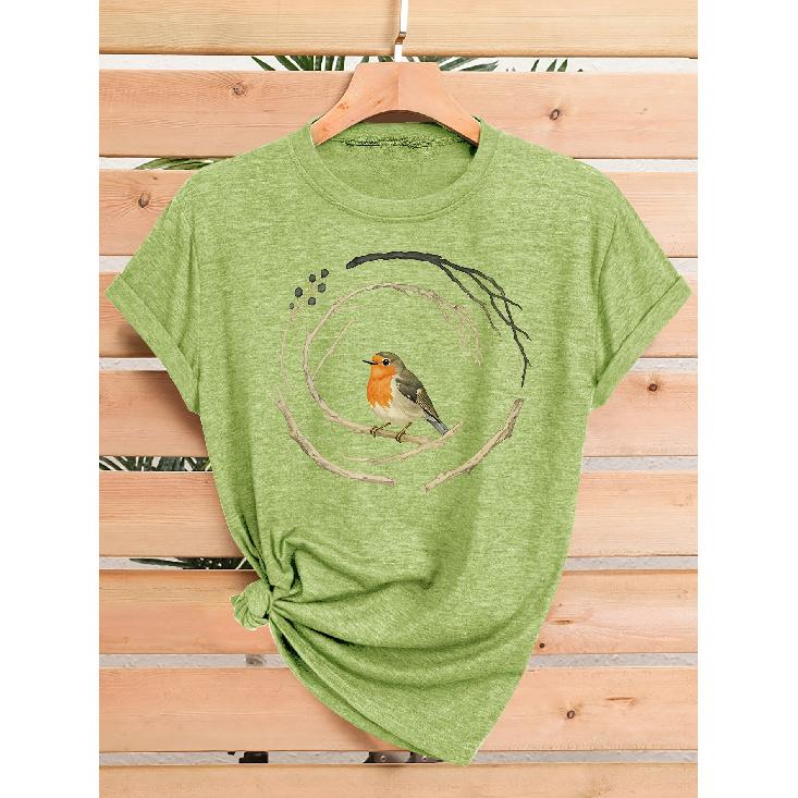Wren standing in a circular branch pattern print, fashionable and elegant women's spring, summer, autumn casual sports style top, soft and