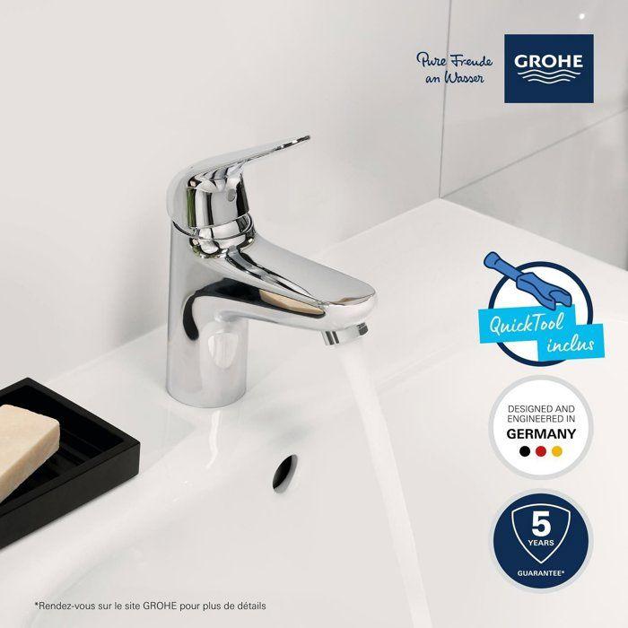Mitigeur monocommande lavabo - GROHE Swift - 24323001 - Chromé - Taille S - Ouverture Eau Froide - Economie d'eau - Vidage clic clac