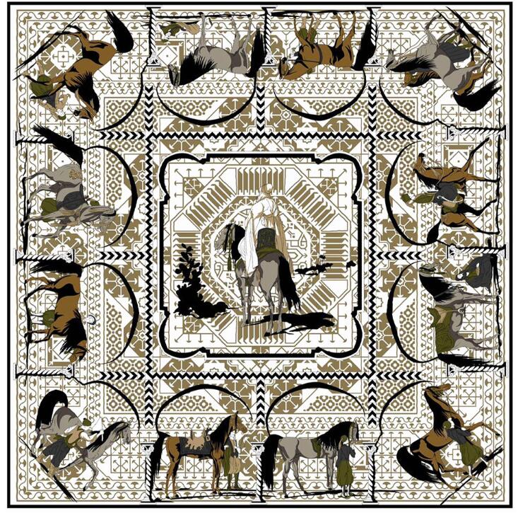 100%Silk Women Scarf Luxury Brand Europe Design Foulard 130*130cm  Horses  Knights Print Square Scarves Fashion Shawls Wraps
