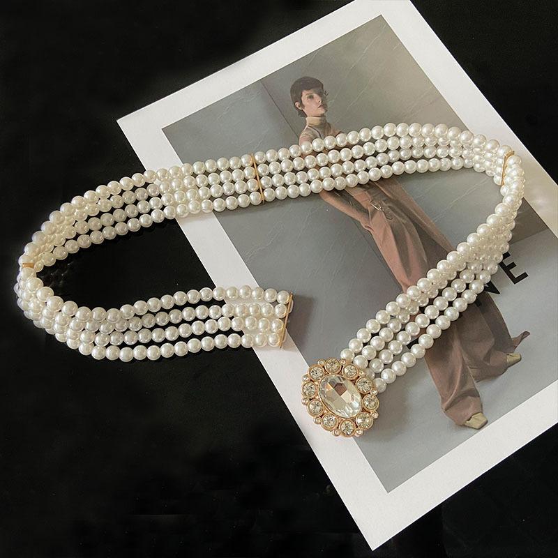 Pearl Belt Women'S, Decorative Women'S Waist Chain Simple Rhinestone Beaded Elastic Waist Seal