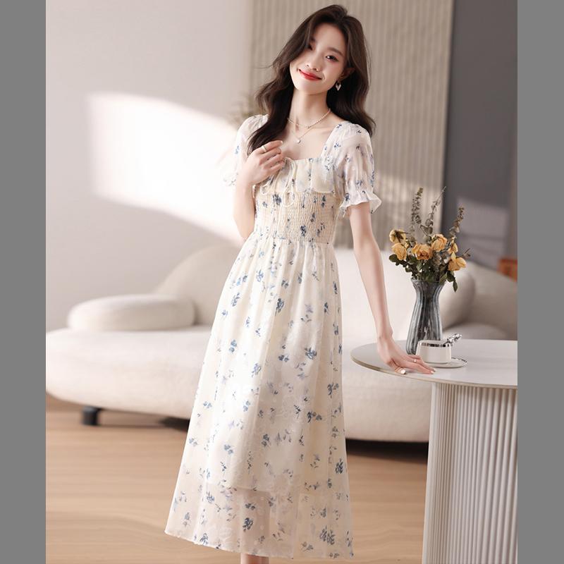 Svěží a jemné květinové šifonové šaty, dámské letní dlouhé šaty, prázdninová plážová sukně