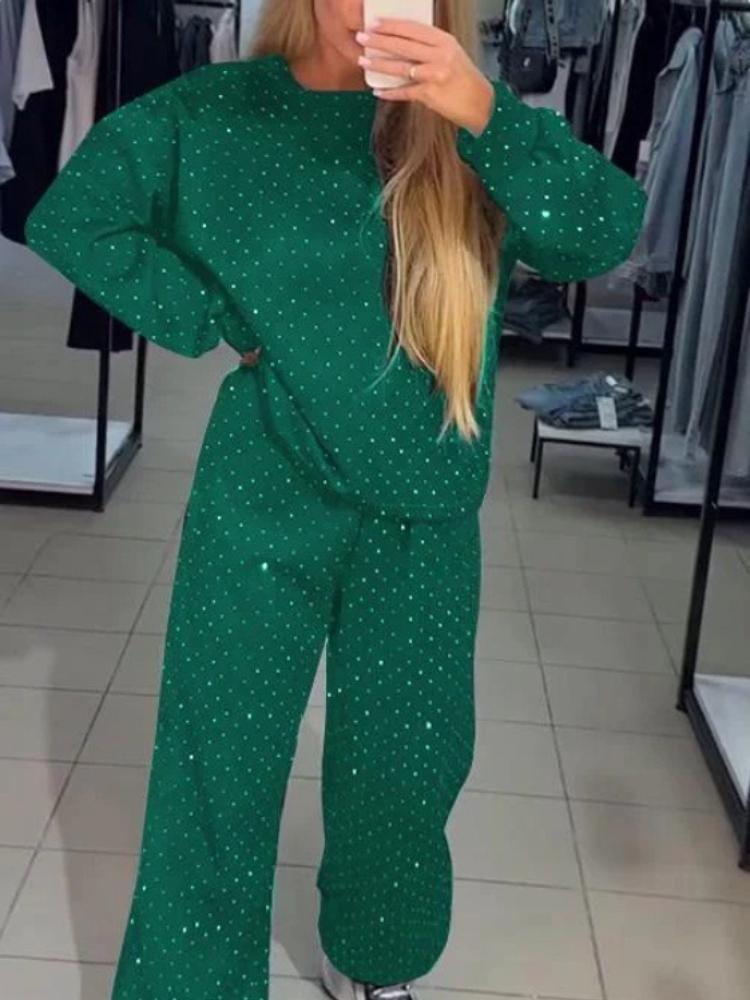 Damen einfarbiges Trainingsanzug-Set, lässiges Langarm-Oberteil mit Hose mit weitem Bein