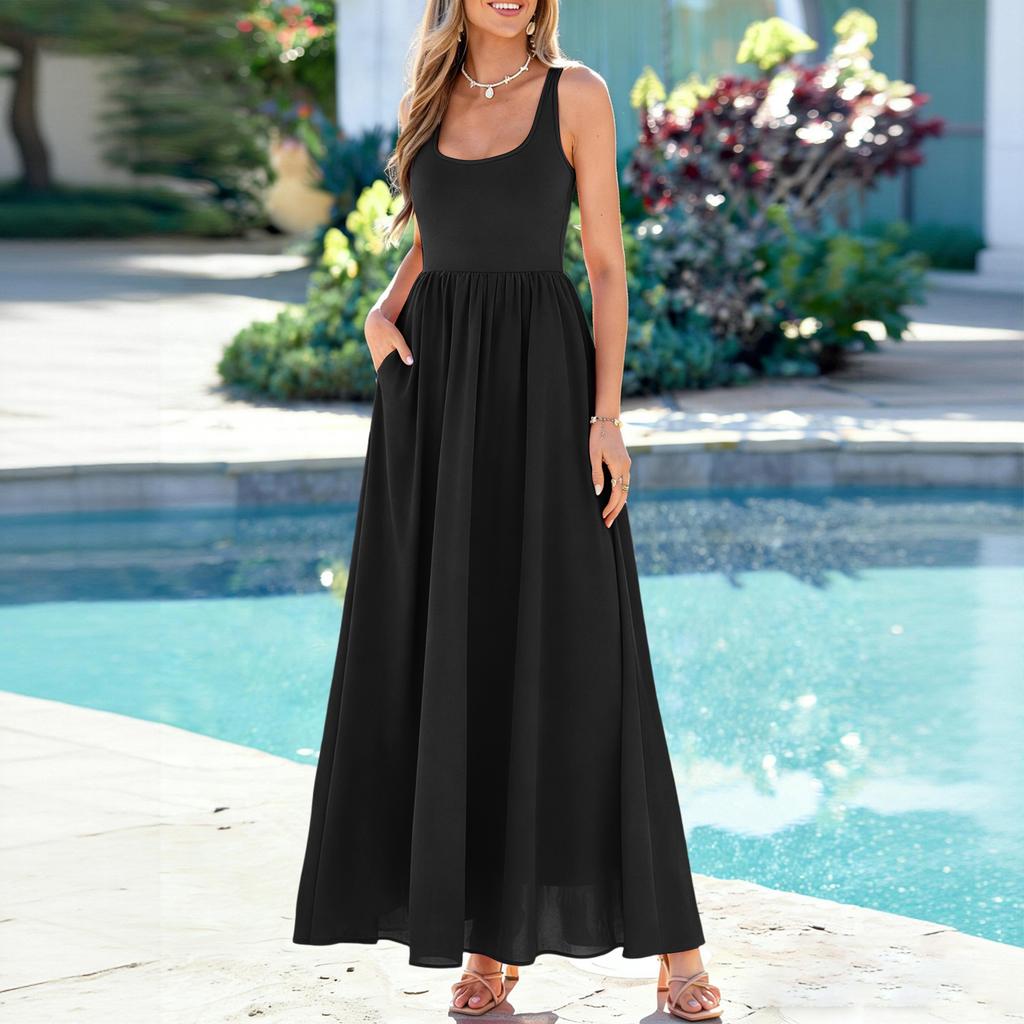 Damen Farbe Sommer Lässig Mode Ärmellos Lang Kleid