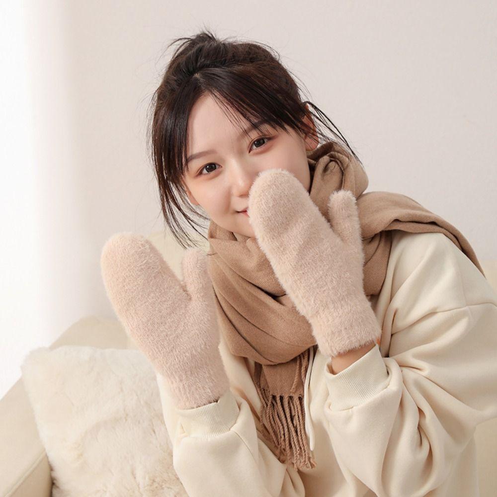 

Full Fingers Knitted Gloves Solid Color Winter Mittens Fashion Plush Mittens Girls бежевый