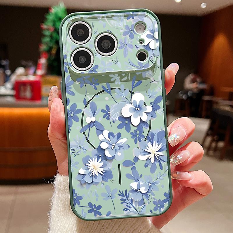 Magnetic For Magsafe Case For iPhone 17 Pro Max Blue and White Flowers Pattern Skin Feeling Cover For iPhone 16 15 14 13 Pro Max