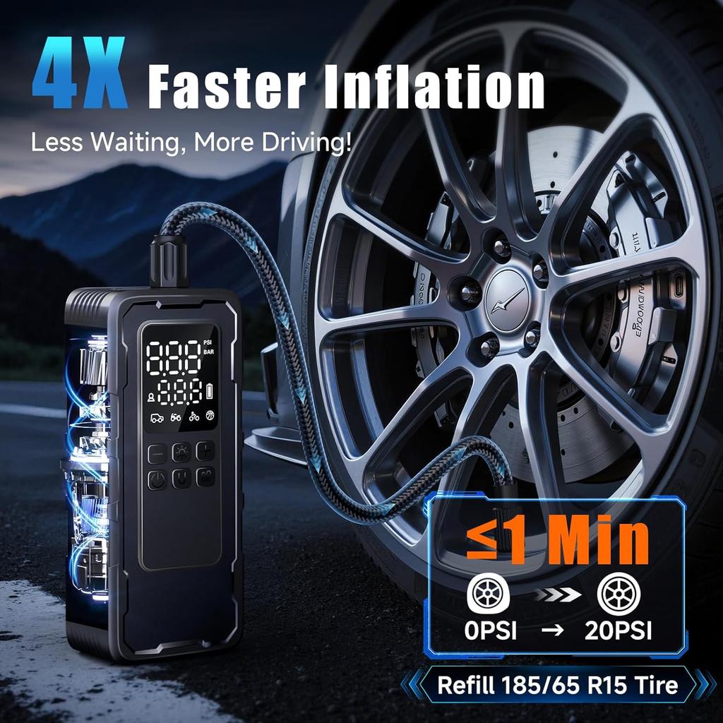 Portable Air Compressor 160 PSI, Cordless Tire Inflator with Gauge for Car, Motorcycle, Bicycle