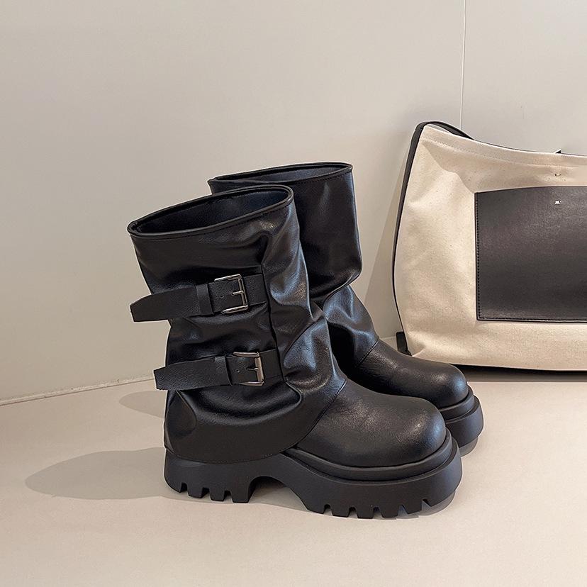 

Height increase 7CM thick-soled trouser boots women s 2025 autumn new knight boots long boots thick heel buckle belt medium tube stacking boots 40