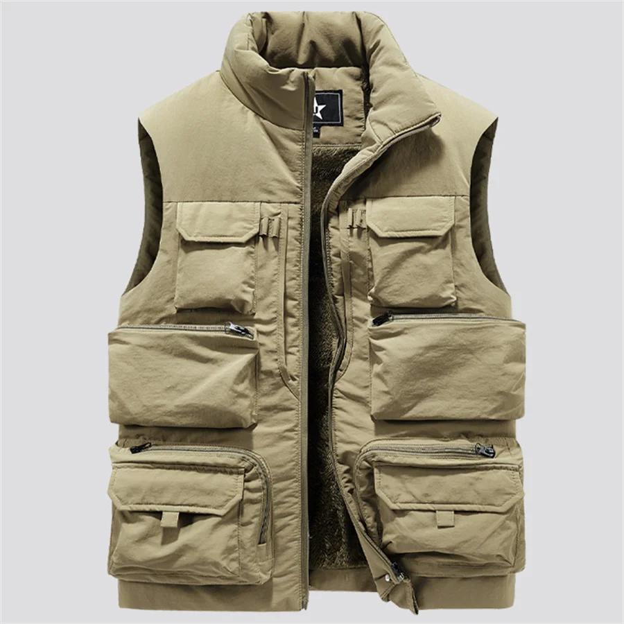 Fashion Men Cargo Vest Winter Thick Fleece Warm Sleeveless Sport Jacket Solid Color Coat Men Pockets Work Waistcoat