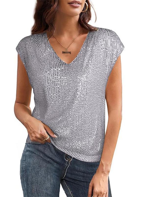 Top da festa da donna lucido con scollo a V e maniche corte a paillettes