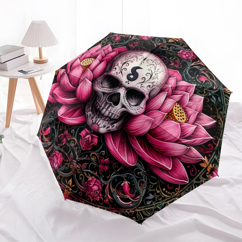 1pc Lotus Skull Mandala Design Umbrella with Plastic Handle,Suitable for All Seasons Home Travel Outdoor UmbrellaDD584