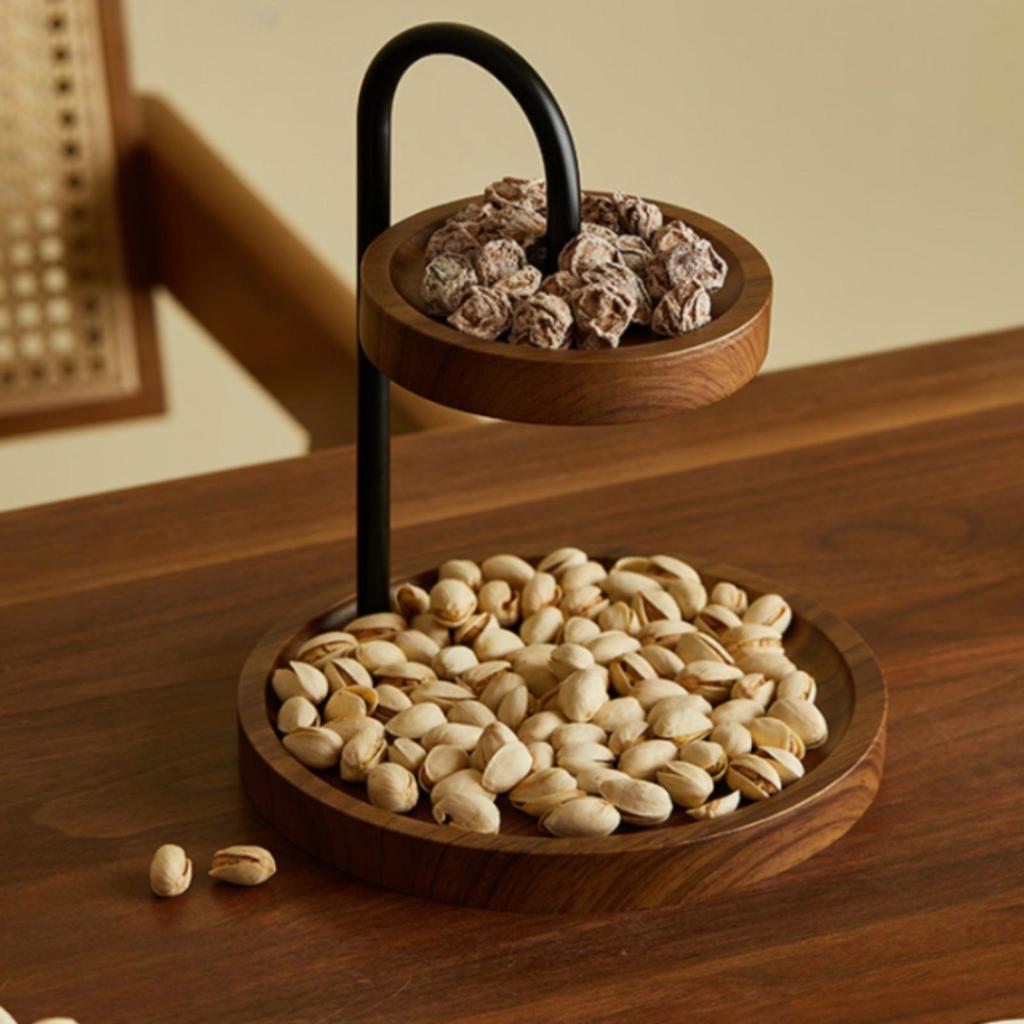 TwoTier Tabletop Rack WoodGrain Finish Round Storage Black Metal Countertop Organizer for