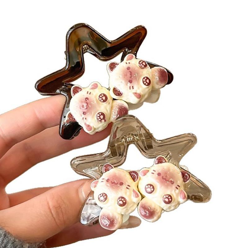 2Pcs Cute Star Hair Claw Clips Y2K Star Cartoon Cat Designs Headwear Long Curly Straight Hair Ponytail Holder Summer Hairpins